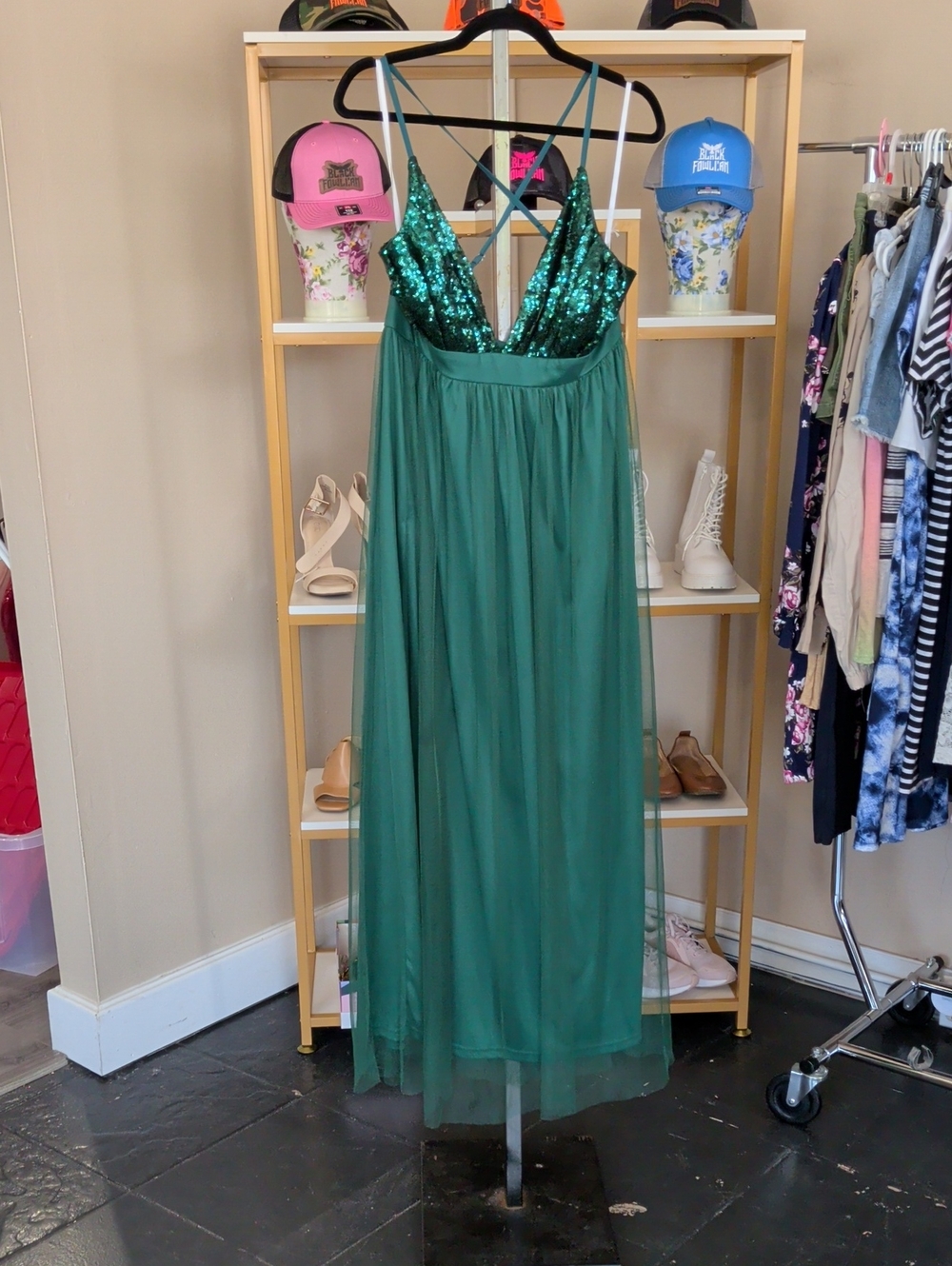 Luxxel Emerald Green Sequin Bodice Maxi Dress
